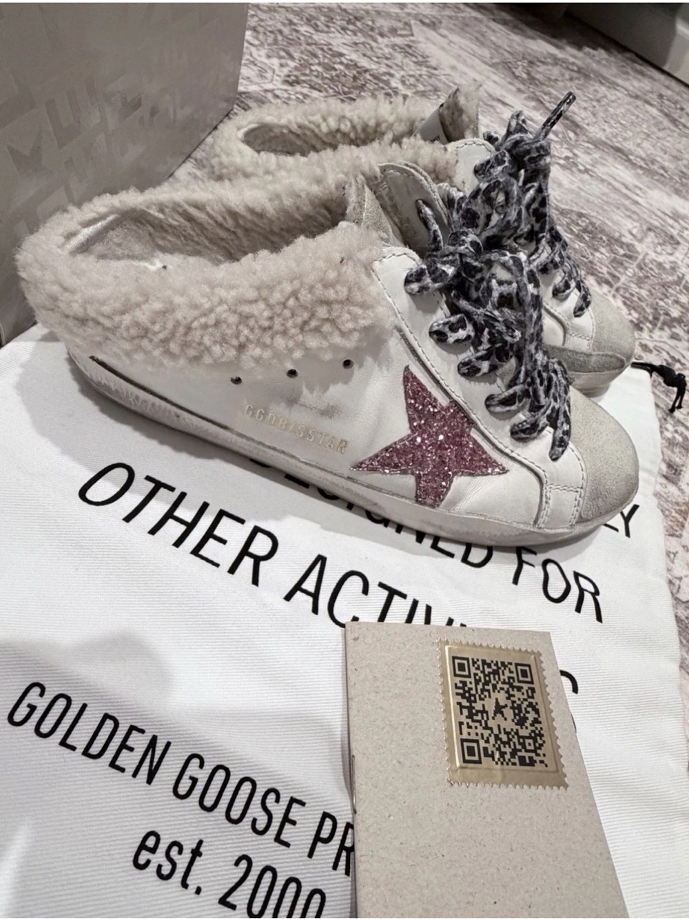 Golden Goose White Leather Sneakers with Pink Glitter Star and Shearling